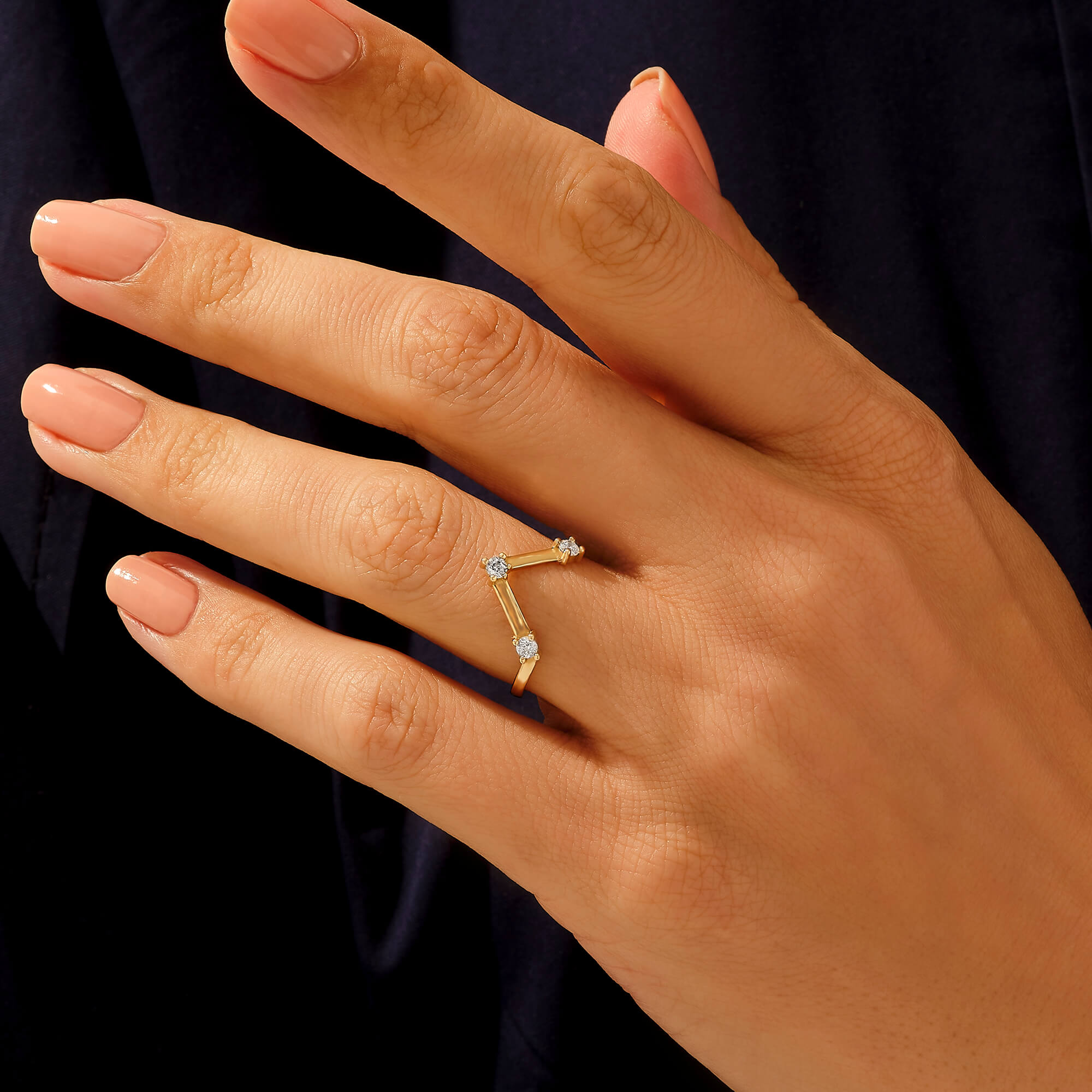 14k Real Gold Three Stone V Ring for Women