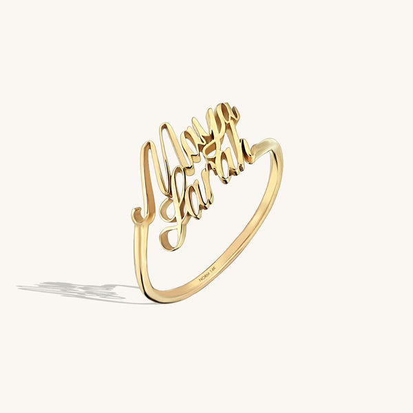 Personalized Double Name Ring in 14k Solid Yellow Gold